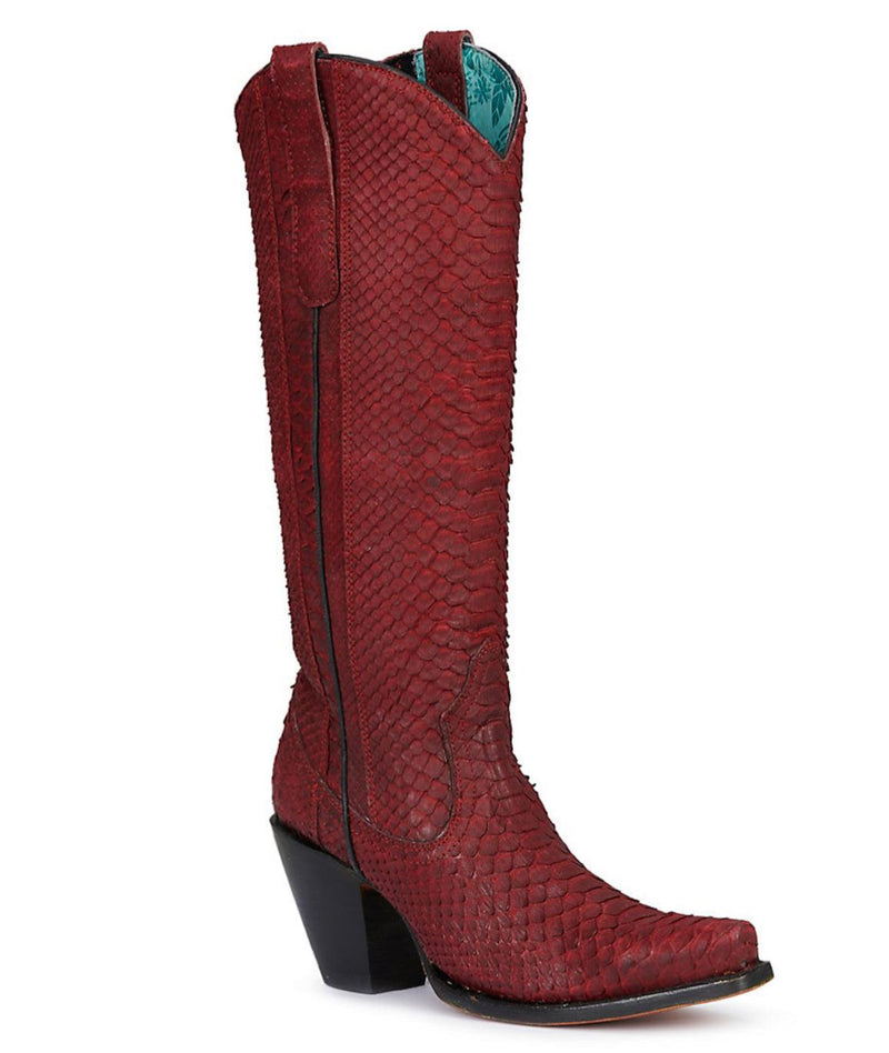 Corral Red Full Python Snip Toe Tall Exotic Western Boots- Uptownmuse