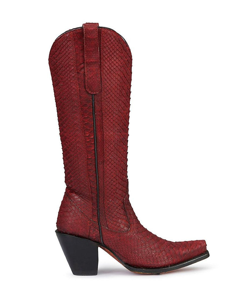Corral Red Full Python Snip Toe Tall Exotic Western Boots- Uptownmuse
