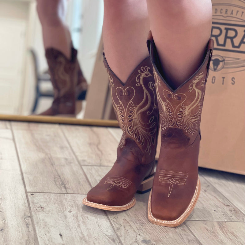 Corral Brown/Beige Peacock Embroider Wide Square Toe Boots