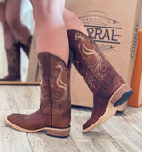 Corral Brown/Beige Peacock Embroider Wide Square Toe Boots